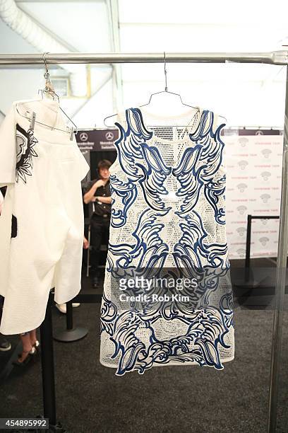 View of dresses backstage at Vivienne Tam during Mercedes-Benz Fashion Week Spring 2015 at The Theatre at Lincoln Center on September 7, 2014 in New...