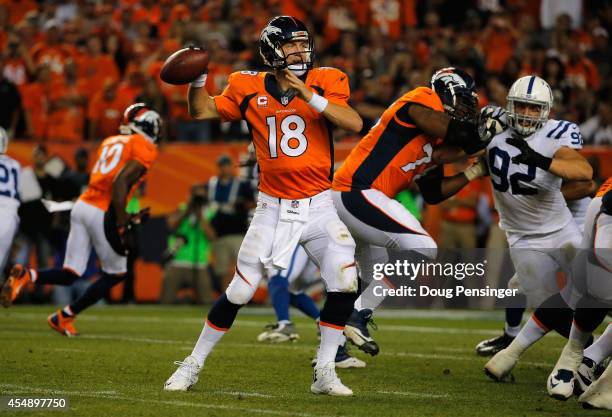 Quarterback Peyton Manning of the Denver Broncos delivers a five yard touchdown pass to tight end Julius Thomas of the Denver Broncos to take a 24-0...