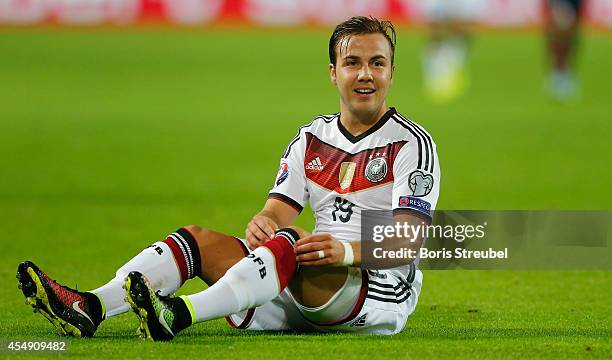 Mario Goetze of Germany reacts during the EURO 2016 Qualifier match between Germany and Scotland at Signal Iduna Park on September 7, 2014 in...