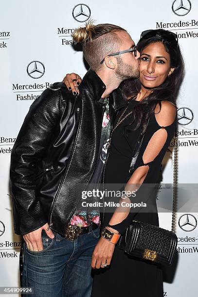 Actor Alexander Mendeluk and Stylist Shayoon Aboo attend the Mercedes-Benz Lounge during Mercedes-Benz Fashion Week Spring 2015 at Lincoln Center on...