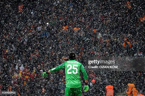 Galatasaray's goalkeeper Fernando Muslera walks off the pitch as snow halted the UEFA Champions League group B football match between Galatasaray and...