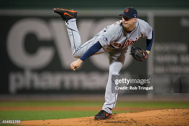 Max Scherzer of the Detroit Tigers pitches during Game Six of the American League Championship Series on October 19, 2013 at Fenway Park in Boston,...