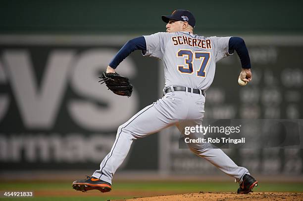 Max Scherzer of the Detroit Tigers pitches during Game Six of the American League Championship Series against the Boston Red Sox on October 19, 2013...