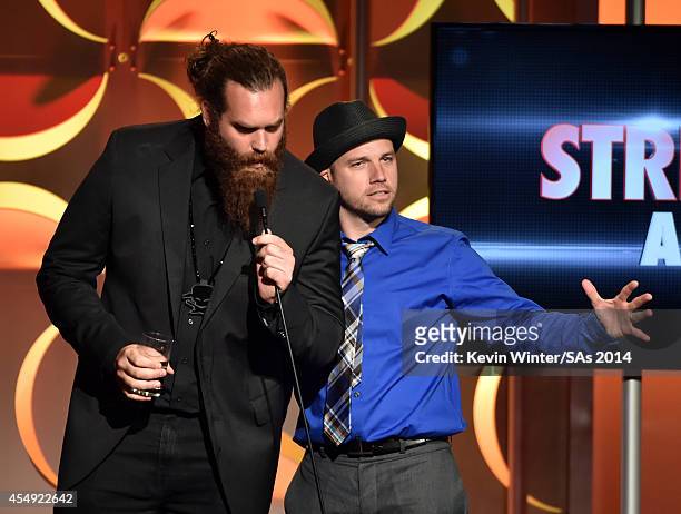 Internet personalities Harley Morenstein and Lloyd Ahlquist speak at the 4th Annual Streamy Awards presented by Coca-Cola on September 7, 2014 in...