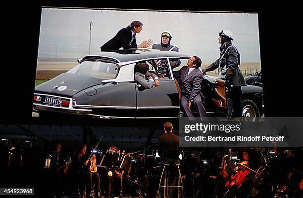 Illustration view of the Orchestra and a Claude Lelouch's film clip during the 'Claude Lelouch en Musique ! Held at the Invalides in Paris on...