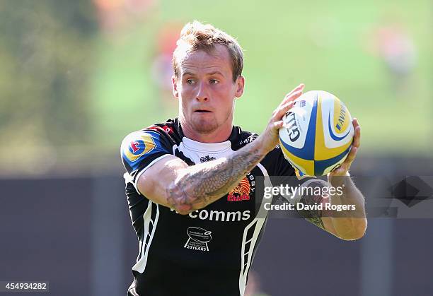 Jack Arnott of Exeter Chiefs runs with the ball during the Aviva Premiership match between London Welsh and Exeter Chiefs at the Kassam Stadium on...