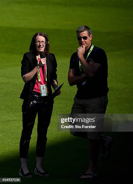 Test Match Special commentator Alison Mitchell interviews former England player Ashley Giles before the NatWest T20 International between England and...