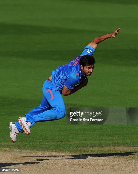 India bowler Mohit Sharma in action during the NatWest T20 International between England and India at Edgbaston on September 7, 2014 in Birmingham,...