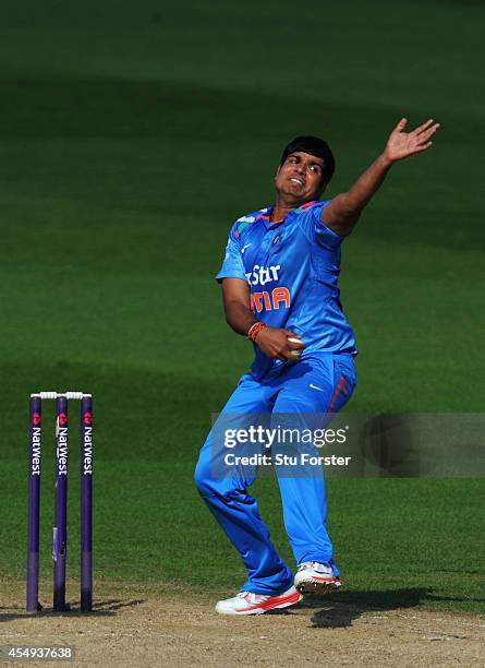 India bowler Karan Sharma in action during the NatWest T20 International between England and India at Edgbaston on September 7, 2014 in Birmingham,...