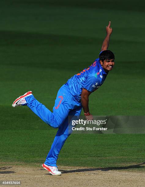 India bowler Karan Sharma in action during the NatWest T20 International between England and India at Edgbaston on September 7, 2014 in Birmingham,...