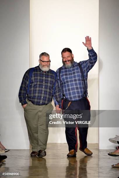 Robert Tagliapietra and Jeffrey Costello walk the runway at the Costello Tagliapietra fashion show during Mercedes-Benz Fashion Week Spring 2015 at...