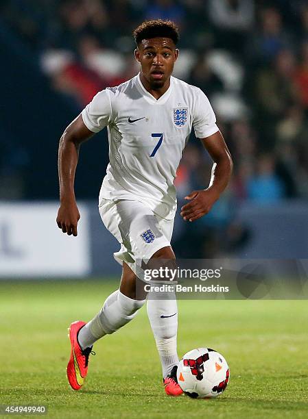 Jordan Ibe of England in action during the U20 International friendly match between England and Romania on September 5, 2014 in Telford, England.