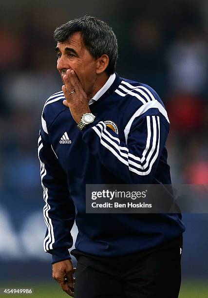 Romania manager Isac Doru shouts instructions during the U20 International friendly match between England and Romania on September 5, 2014 in...