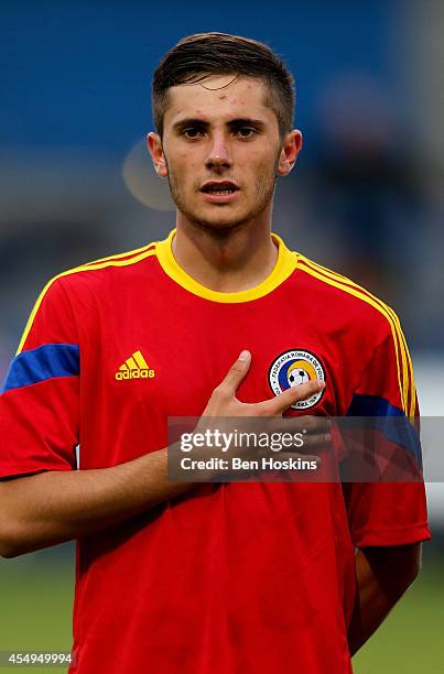 Robert Ghergie of Romania looks on ahead of the U20 International friendly match between England and Romania on September 5, 2014 in Telford, England.