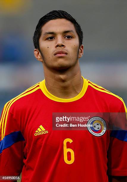 Robert Caruta of Romania looks on ahead of the U20 International friendly match between England and Romania on September 5, 2014 in Telford, England.