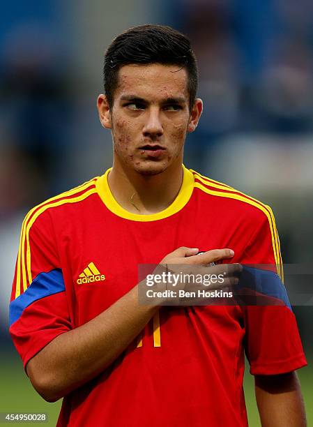 Vlad Olteanu of Romania looks on ahead of the U20 International friendly match between England and Romania on September 5, 2014 in Telford, England.