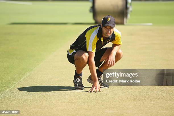 Curator Matt Page poses as he looks at the wicket after the pitch inspection ahead of the third Ashes Test at WACA on December 11, 2013 in Perth,...