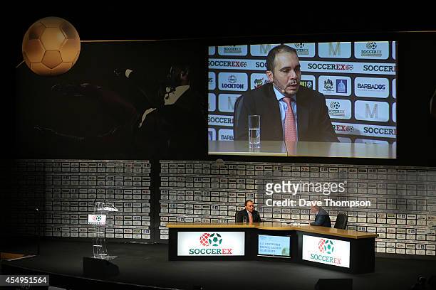 Prince Ali Bin Al Hussein, FIFA Vice-President, is interviewed by David Davies, Soccerex Senior Consultant, on stage at the Soccerex European Forum...
