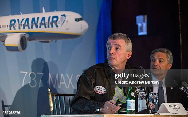 Michael O'Leary, CEO of Ryanair and Ray Conner, President and CEO of The Boeing Company, hold a press conference announcing the first sales of...