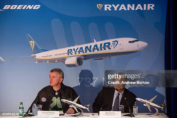 Michael O'Leary, CEO of Ryanair and Ray Conner, President and CEO of The Boeing Company, hold a press conference announcing the first sales of...
