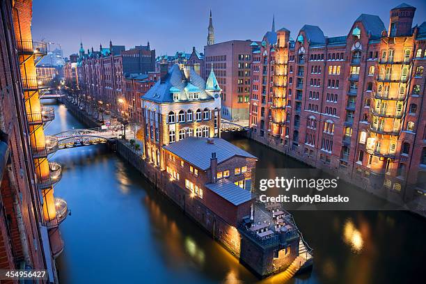 High angle view of Hamburg-Speicherstadt at night