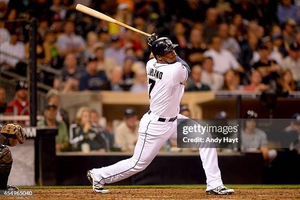 Rymer Liriano of the San Diego Padres hits in the game against the Milwaukee Brewers at Petco Park on August 26, 2014 in San Diego, California.