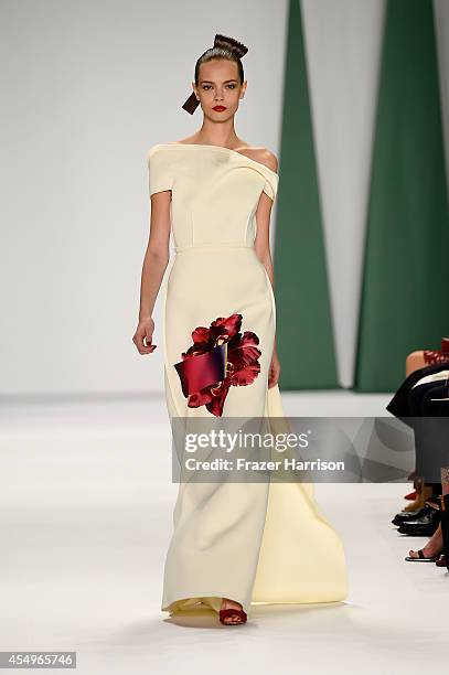 Model walks the runway at the Carolina Herrera fashion show during Mercedes-Benz Fashion Week Spring 2015 at The Theatre at Lincoln Center on...