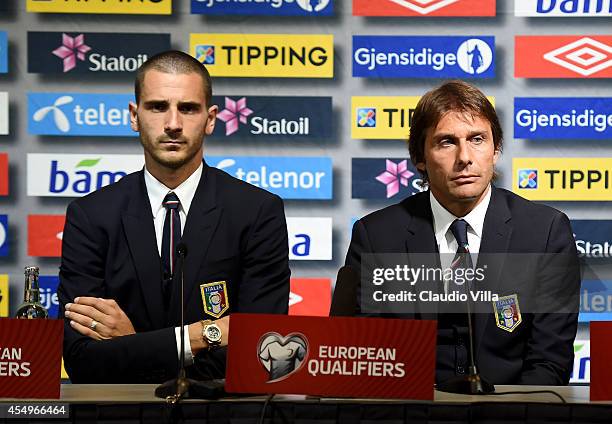 Coach Antonio Conte of Italy and Leonardo Bonucci during the press conference at Ullevaal Stadion on September 8, 2014 in Oslo, Norway.