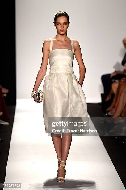 Model walks the runway at the Dennis Basso fashion show during Mercedes-Benz Fashion Week Spring 2015 at The Theatre at Lincoln Center on September...