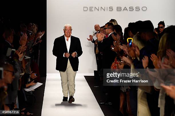 Fashion designer Dennis Basso walks the runway at the Dennis Basso fashion show during Mercedes-Benz Fashion Week Spring 2015 at The Theatre at...