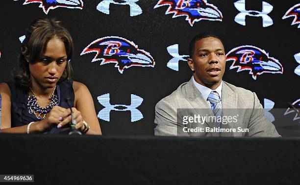 Ravens running back Ray Rice, right, and his wife Janay made statements to the news media May 5 at the Under Armour Performance Center in Owings...