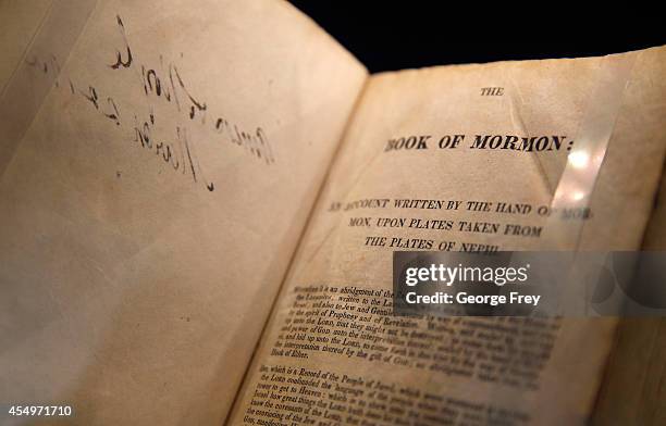 An 1830, first edition of the Mormon scripture, "Book of Mormon" is displayed at the Church of Jesus Christ of Latter-Day Saints Church History...