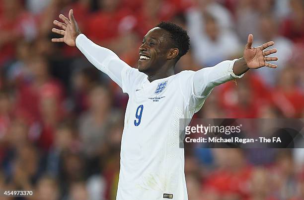 Danny Welbeck of England celebrates scoring to make it 2-0 during the UEFA EURO 2016 Qualifier match between Switzerland and England at St. Jakob...