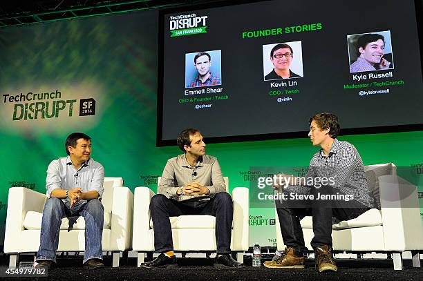 Twitch COO Kevin Lin, Twitch CEO and Founder Emmet Shear and TechCrunch Moderator Kyle Russell speak onstage at TechCrunch Disrupt at Pier 48 on...