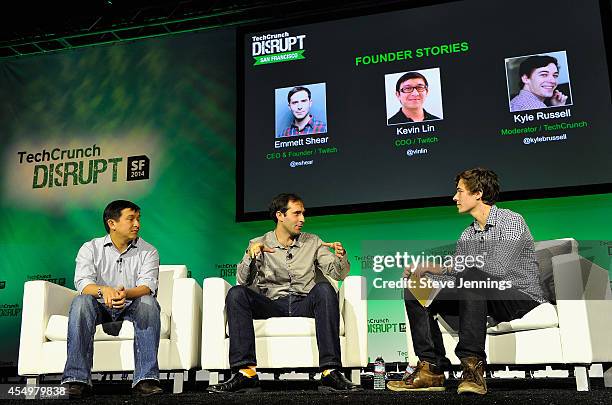 Twitch COO Kevin Lin, Twitch CEO and Founder Emmet Shear and TechCrunch Moderator Kyle Russell speak onstage at TechCrunch Disrupt at Pier 48 on...