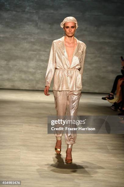 Model walks the runway at the Georgine fashion show during Mercedes-Benz Fashion Week Spring 2015 at The Pavilion at Lincoln Center on September 8,...