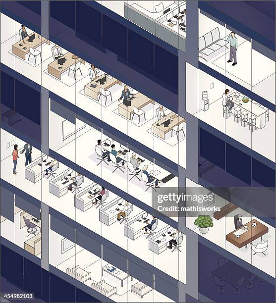 illustrations, cliparts, dessins animés et icônes de bureaux de la façade avec les gens - isometric people