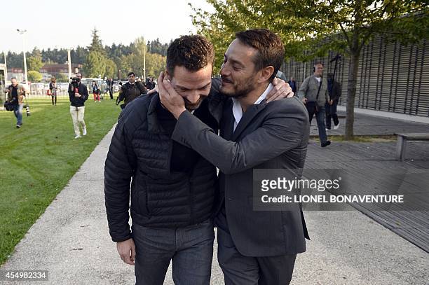 French rogue trader of the Societe Generale bank, Jerome Kerviel , is greeted by his French lawyer David Koubbi, after leaving Fleury Merogis'...