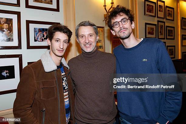 Actor Pierre Niney, Antoine de Caunes and director Hugo Gelin attend the François-Xavier Demaison show, 'Demaison S'Evade...' Premiere at Theatre...