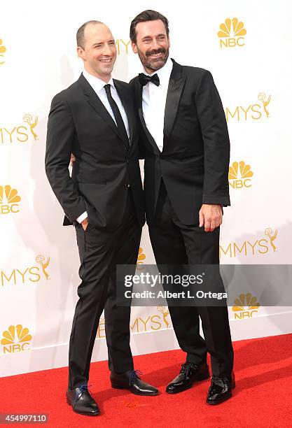 Actors Tony Hale and Jon Hamm arrive for the 66th Annual Primetime Emmy Awards held at Nokia Theatre L.A. Live on August 25, 2014 in Los Angeles,...