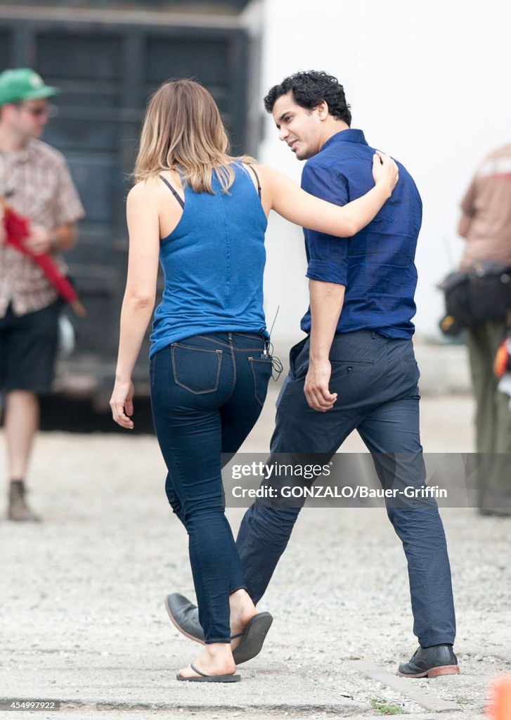 Katharine and Elyes Gabel are seen on the set of 'Scorpion' on... News Photo - Getty Images