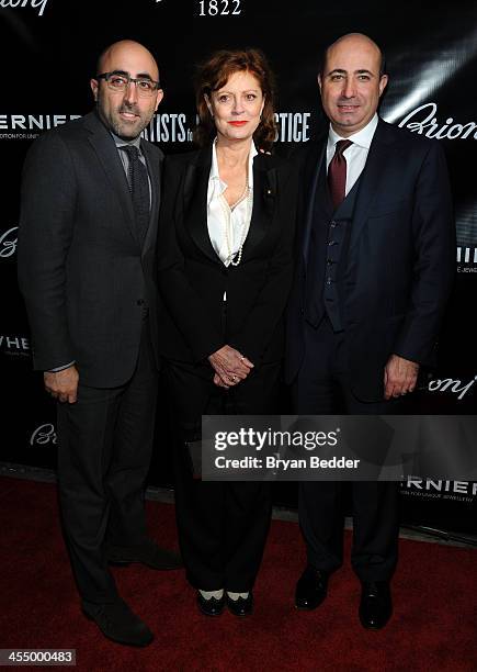Brioni CEO Todd Barrato, Actress Susan Sarandon and Brioni Worldwide CEO Francesco Pesci attend Artists for Peace and Justice NYC Holiday Benefit...