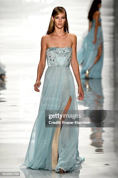 Model walks the runway at the Reem Acra fashion show during Mercedes-Benz Fashion Week Spring 2015 at The Salon at Lincoln Center on September 8,...