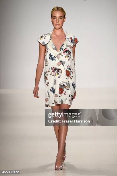 Model walks the runway at the Oudifu fashion show during Mercedes-Benz Fashion Week Spring 2015 at The Salon at Lincoln Center on September 8, 2014...