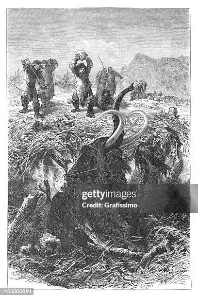 engraving hunters killing mammoth at ice age - mammoth hunting stock illustrations