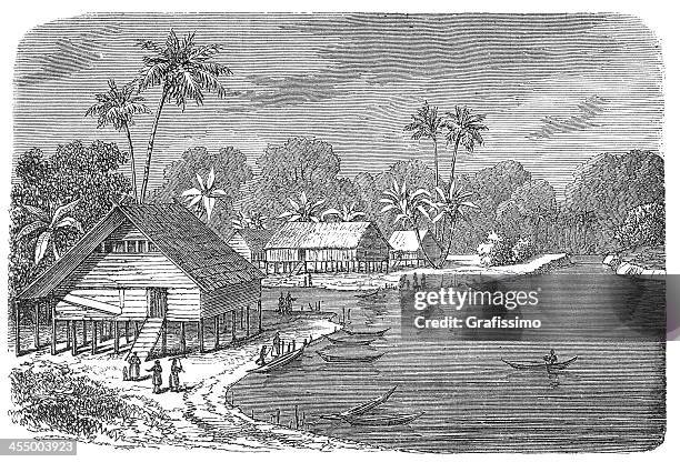 engraving of fishing village on papua new guinea - stilt stock illustrations