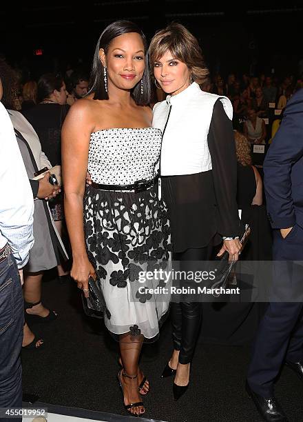 Garcelle Beauvais and Lisa Rinna attend Dennis Basso during Mercedes-Benz Fashion Week Spring 2015 at The Theatre at Lincoln Center on September 8,...