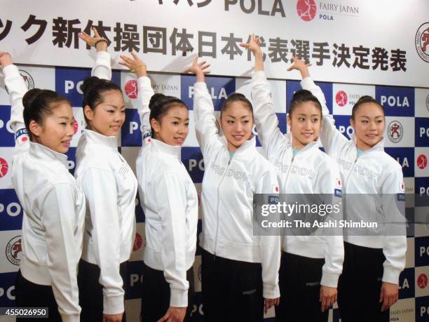 Rhythmic gymnastics national team members, Nachi Misawa, Honami Tsuboi, Yuko Endo, Chihana Hara, Saori Inagaki, Kotono Tanaka pose for photographs at...