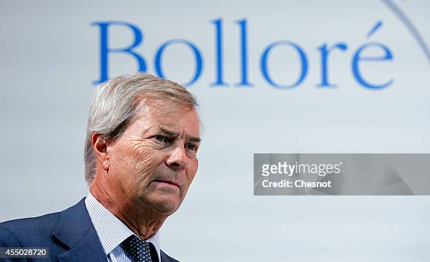 French industrial group Bollore head Vincent Bollore attends a press conference with CEO of French carmaker Renault, Carlos Ghosn at the Atelier...