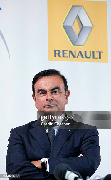 The CEO of French carmaker Renault, Carlos Ghosn attends a press conference with French industrial group Bollore head Vincent Bollore at the Atelier...